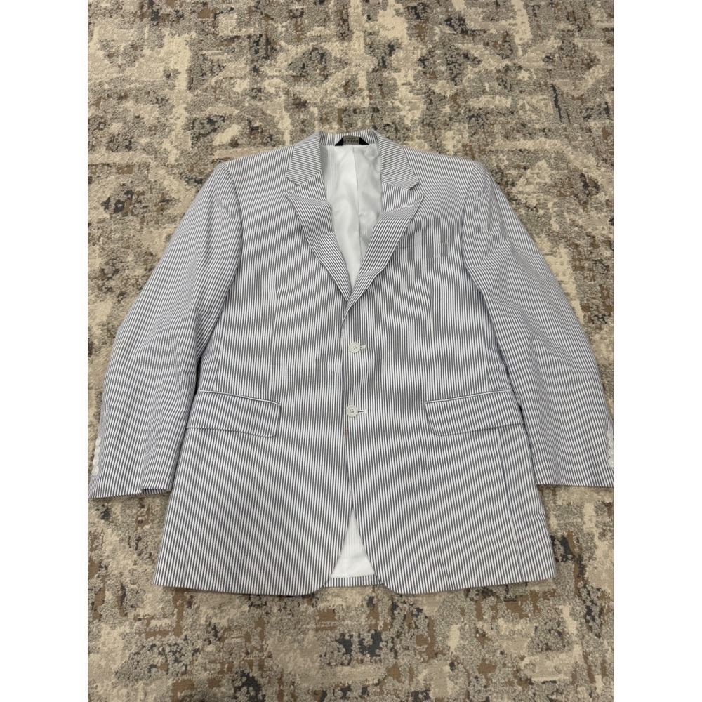 Jos A Bank Mens 42R Seersucker Blazer Blue White Striped Sport Coat 2 Button